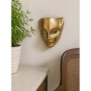 Vintage Brass Wall Mask Mid Century Modern Hollywood Regency Decorative Face Art